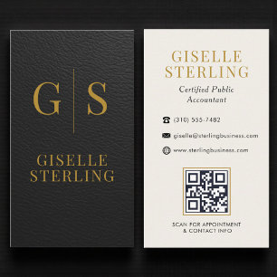 Accountant CPA Faux Leather Black Gold QR Code Business Card