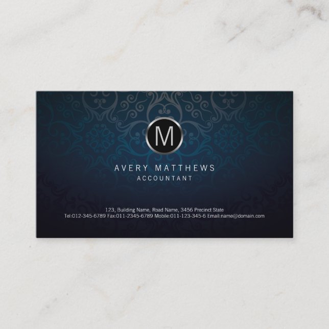 Accountant Elegant Circle Monogram Dark Damask Business Card (Front)