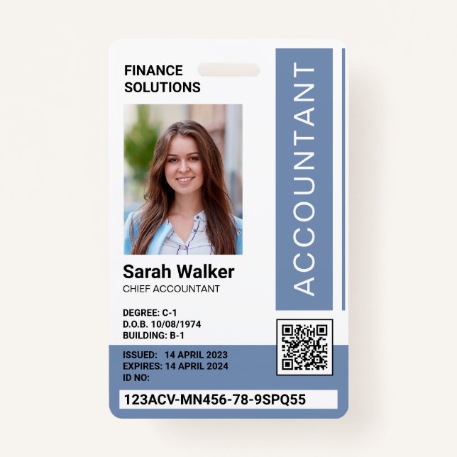 Accountant ID with photo office worker dusty blue ID Badge (Front)