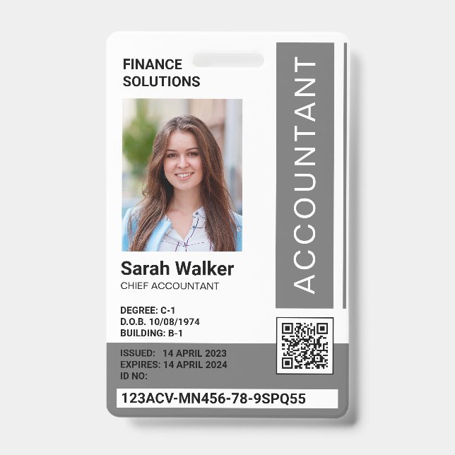 Accountant ID with photo office worker grey Badge (Front)