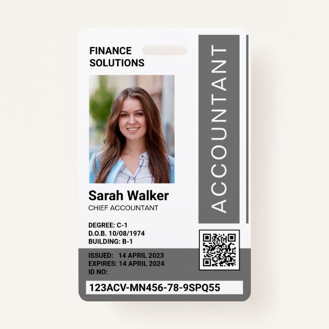 Accountant ID with photo office worker grey ID Badge (Front)