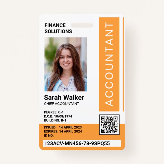 Accountant ID with photo office worker yellow ID Badge (Front)