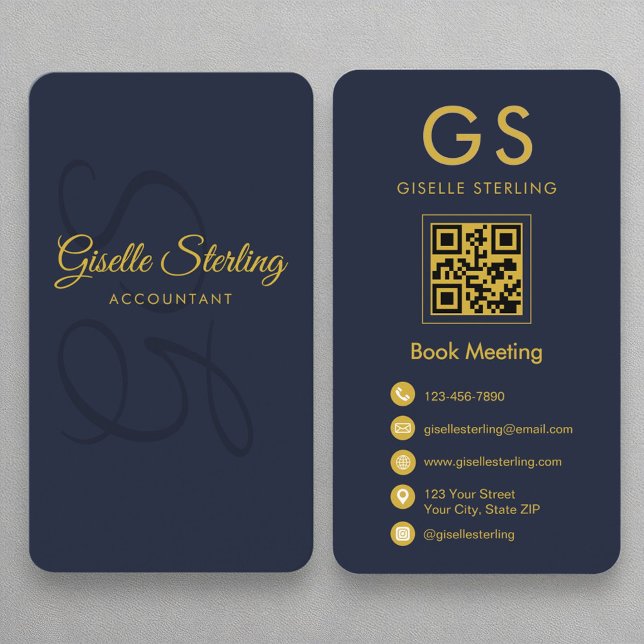 Accountant Navy Blue Gold QR Code Monogram Business Card (Creator Uploaded)