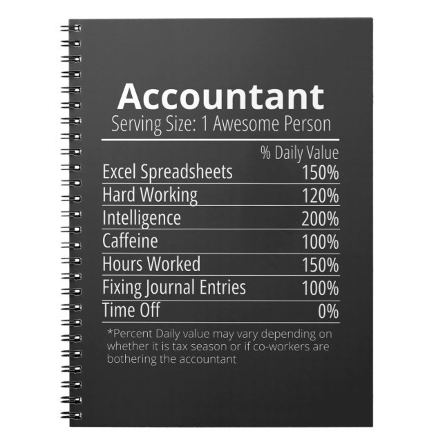Accountant Nutrition Fact, Nutrition Facts Notebook (Front)