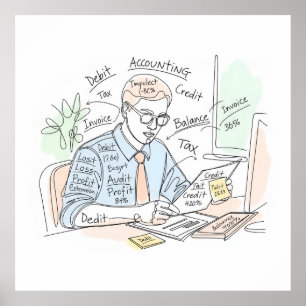 accountant, one line art, text and little colour poster