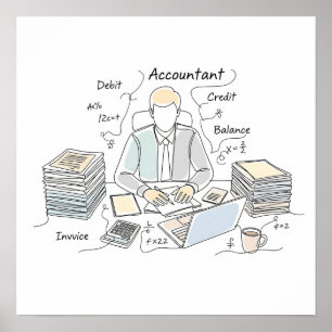 accountant, one line art, text and little colour poster