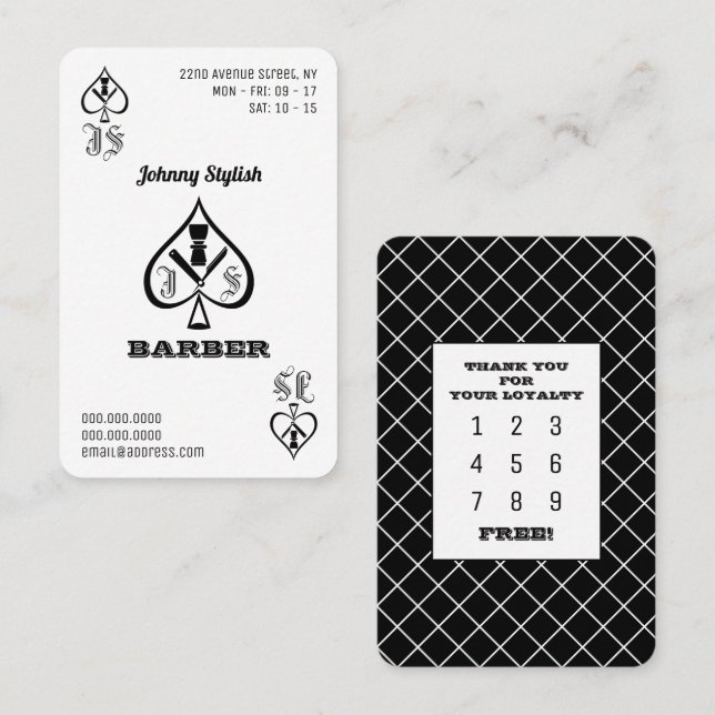 Ace of barbers black and white loyalty card (Front/Back)