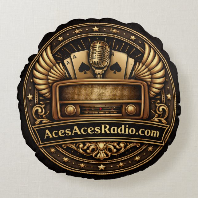 acesacesradio black and gold round cushion (Front)