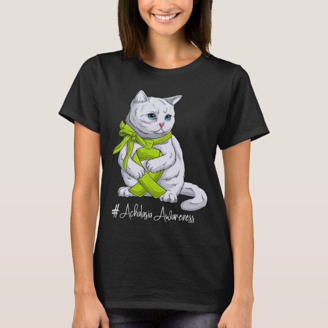 Achalasia Awareness Month Lime Green Ribbon Cat T-Shirt (Front)