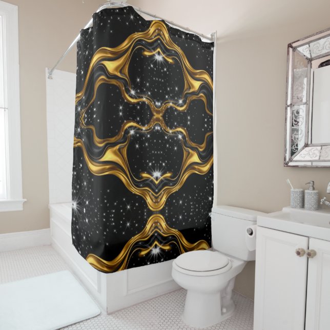 Achempong Opulent Gold Black Monochrome Designer B Shower Curtain (In Situ)