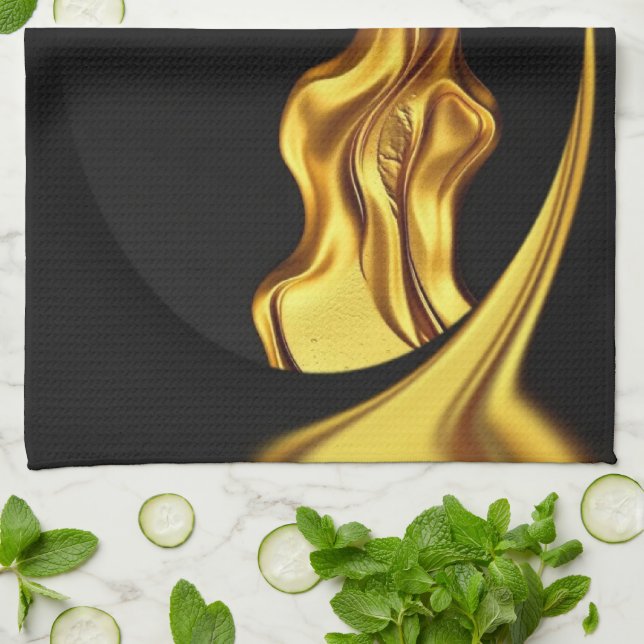 Achempong Opulent Swirl Liquid Gold Black Monochro Tea Towel (Folded)