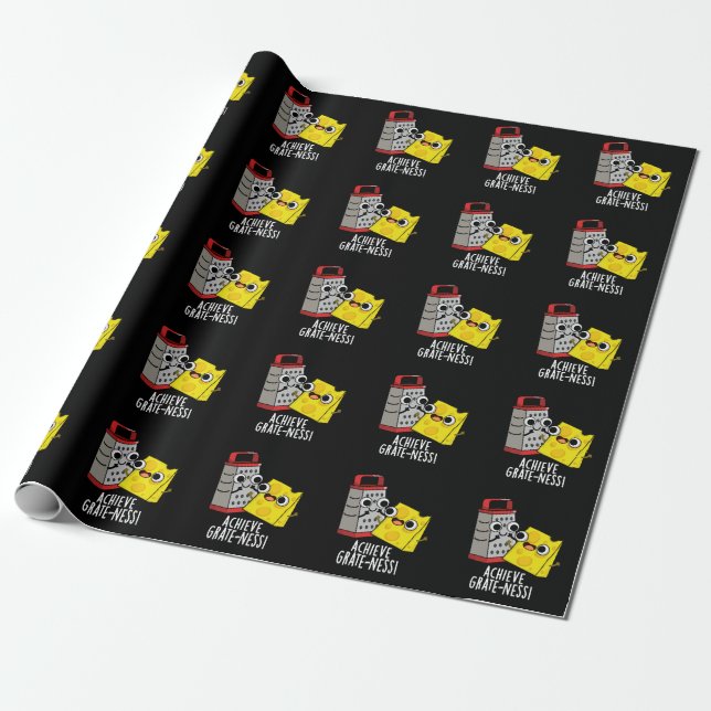 Achieve Grateness Funny Cheese Puns Dark BG Wrapping Paper (Unrolled)