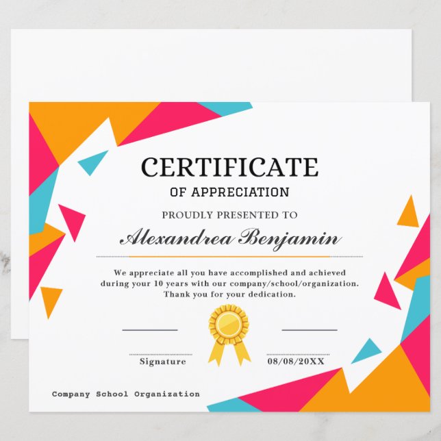 Achievement Appreciate Certificate (Front/Back)