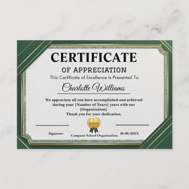 Achievement Appreciate Gold Green Certificate (Front)
