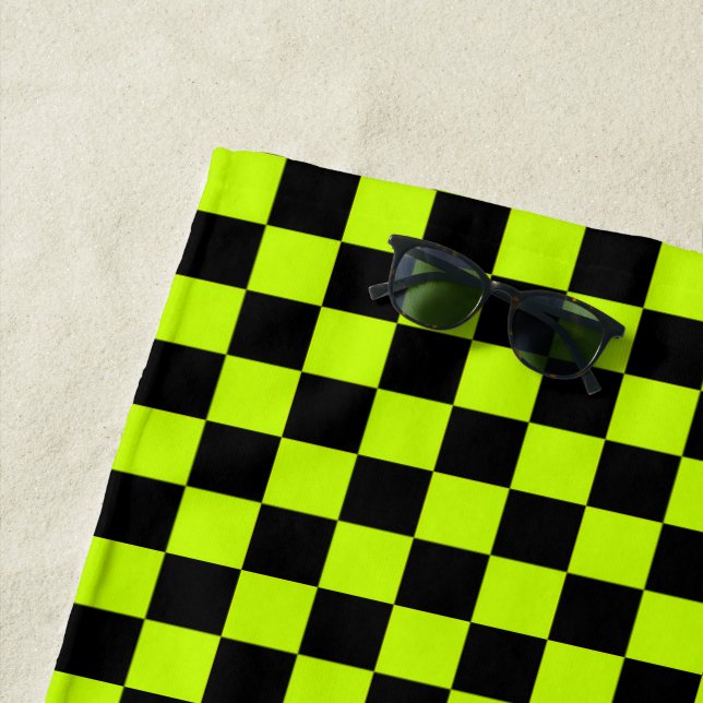 Acid green black checkerboard pattern beach towel (In Situ)
