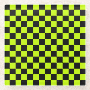 Acid green black checkerboard pattern glass coaster