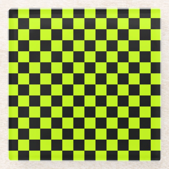 Acid green black checkerboard pattern glass coaster (Front)