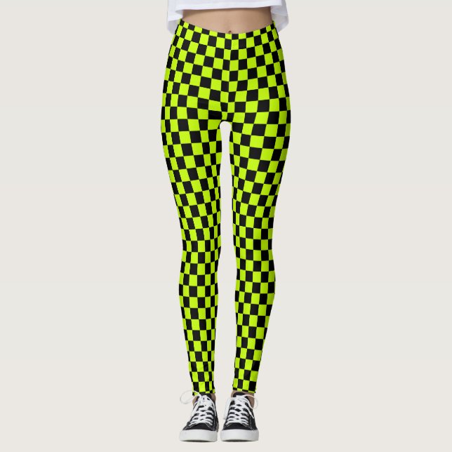Acid green black checkerboard pattern leggings (Front)