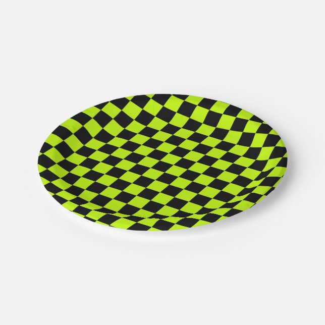 Acid green black checkerboard pattern paper plate (Angled)