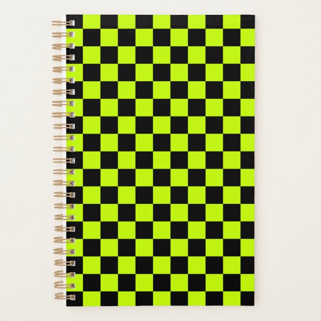 Acid green black checkerboard pattern planner (Front)