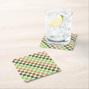 Acid green black checkerboard pattern square paper coaster