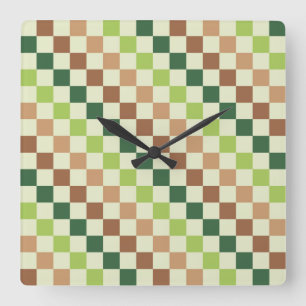 Acid green black checkerboard pattern square wall clock