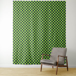 Acid green black checkerboard pattern tapestry