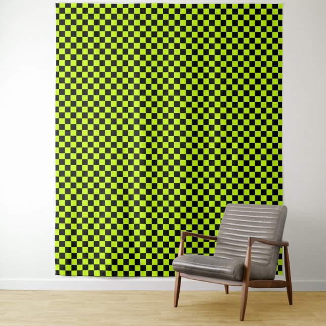 Acid green black checkerboard pattern tapestry (In Situ)