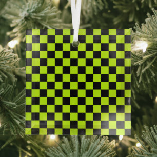 Acid green black chequerboard pattern glass tree decoration