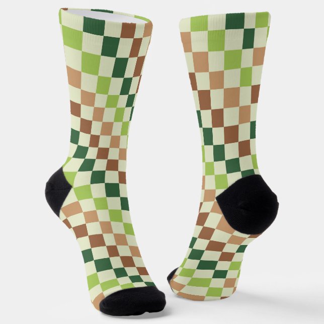 Acid green black chequerboard pattern socks (Angled)