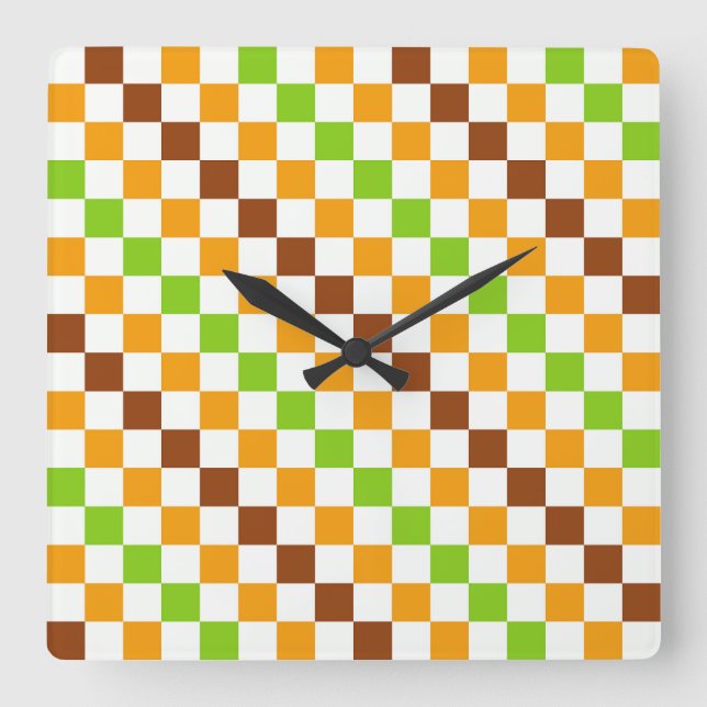 Acid green black chequerboard pattern square wall clock (Front)