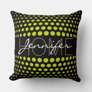 Acid green polka dots home monogram cushion