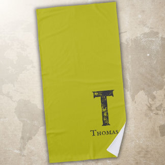 Acid green solid colour grey initials and name beach towel