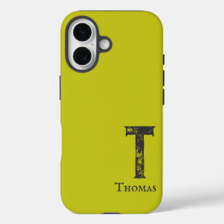 Acid green solid colour grey initials and name iPhone 16 case