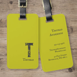 Acid green solid colour grey initials and name luggage tag