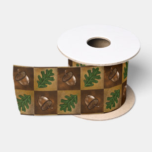 Acorn and Oak Leaf Chequerboard Pattern Satin Ribbon
