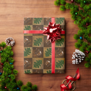 Acorn and Oak Leaf Chequerboard Pattern Wrapping Paper