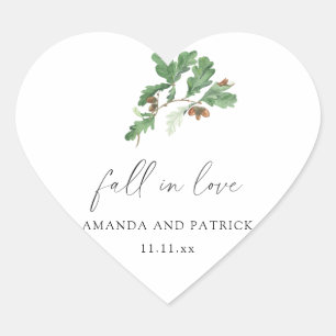Acorn branch wedding party heart sticker