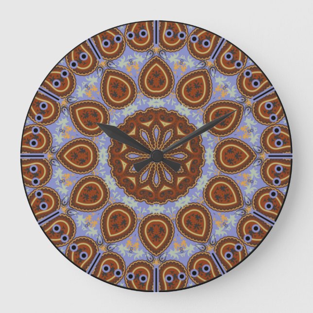 Acorn Brown and Lavender Paisley Kaleidoscope Boho Large Clock (Front)