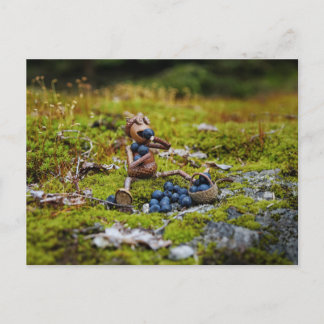 Acorn elf eating blueberries on the moss postcard