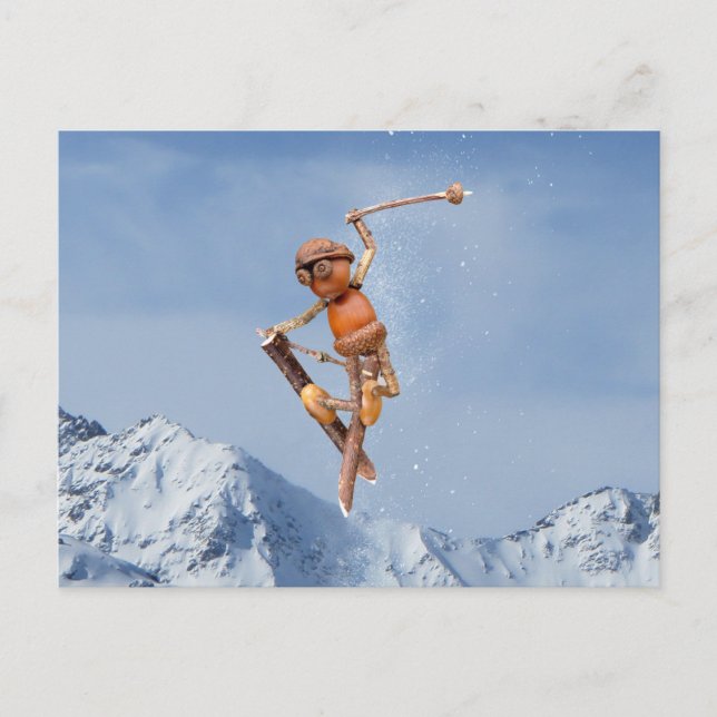 Acorn elf flying on the skis winter postcard (Front)