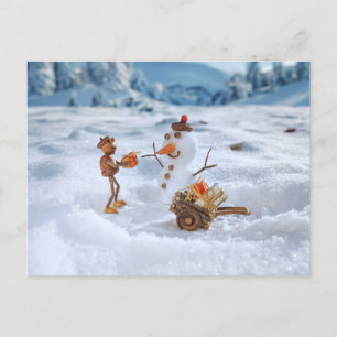 Acorn elf gives a gift to the snowman - Christmas Postcard