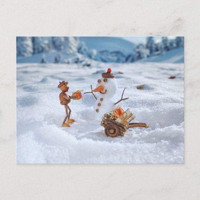 Acorn elf gives a gift to the snowman - Christmas Postcard (Front)