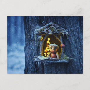 Acorn elf looking from the window winter  postcard