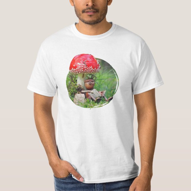 Acorn elf reading a book in the woods T-Shirt (Front)