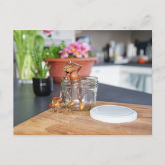 Acorn elf with his dog in the kitchen postcard