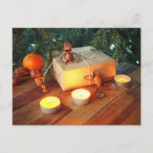 Acorn elves unpacking Christmas gift box  Postcard