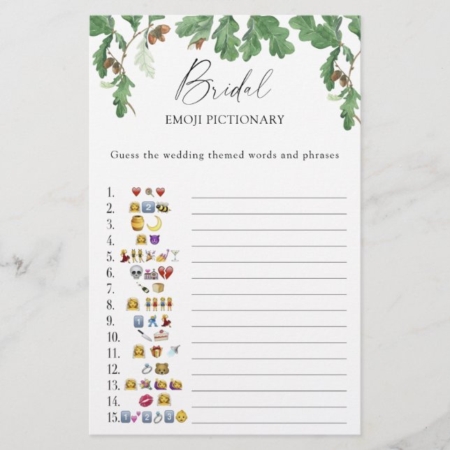 Acorn tree - bridal shower emoji pictionary game (Front)