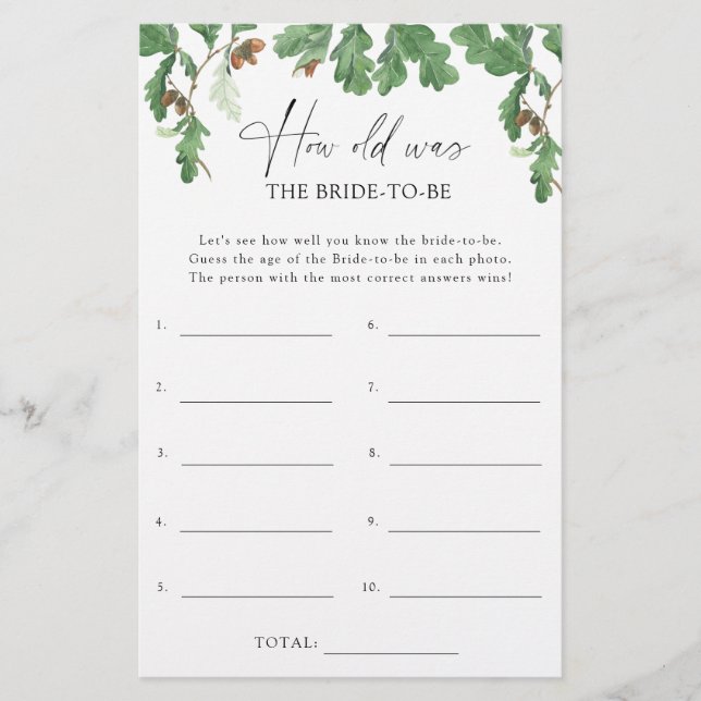 Acorn tree - How old was the bride to be game (Front)