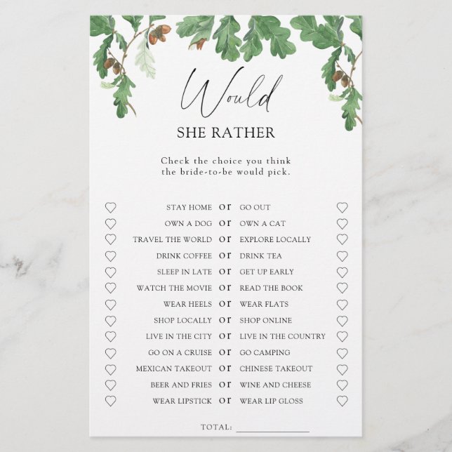 Acorn tree - Would she rather bridal shower game (Front)